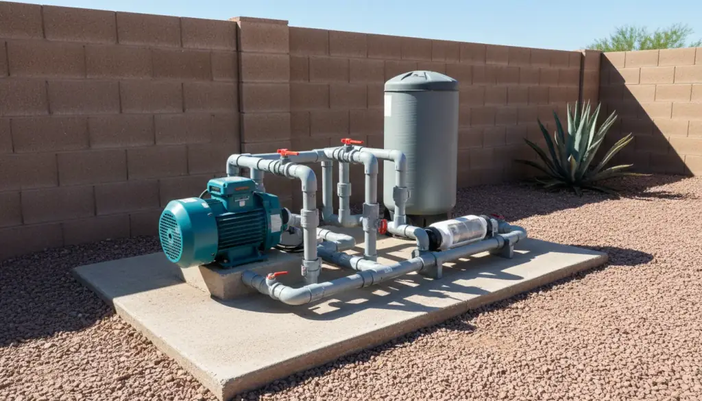 Illustration of a pool equipment pad: pump, filter tank, salt cell and grey PVC valves